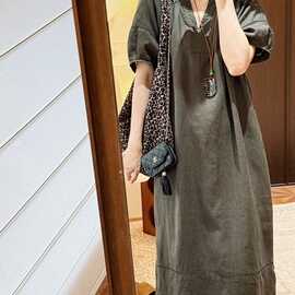 老钱风镂空设计雨露亚麻灯笼袖v领宽松显瘦长裙连衣裙女