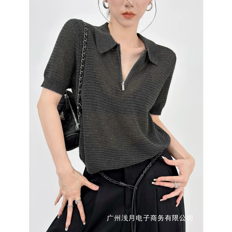 Duoble Z Old Money Style Lapel Half-Zip Cut-Out Knit Sweater for Women, Summer Short-Sleeve Commuter Linen Breathable Top