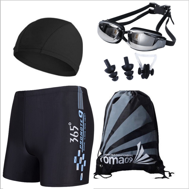 Free Shipping Adult Men's Swimming Trunks Set with Swimming Cap, Goggles, Myopia-Friendly Swimwear, Hot Spring Bathing 5-Piece Set, Anti-Exposure