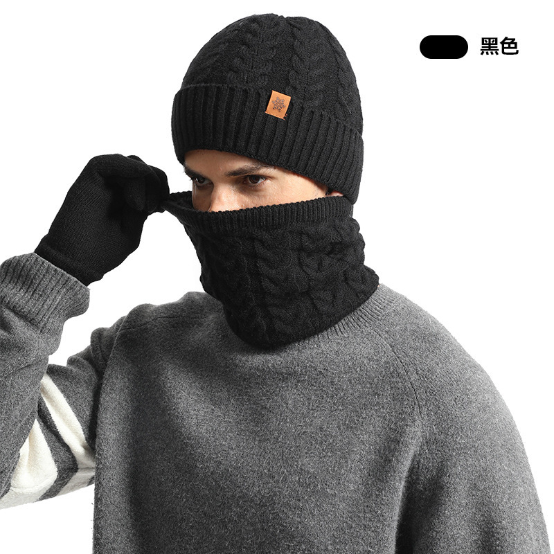 冬用メンズニット帽 裏起毛防寒ウール製暖かいアウトドア帽子 ネックウォーマー 手袋 3点セット|undefined