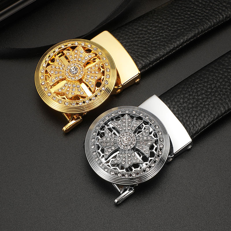 Tiktok popular style running edge leather belt rotating alloy automatic buckle cowhide men's belt in stock