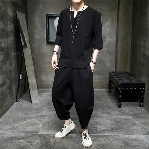 Traje de lino de estilo chino de verano Camiseta de manga corta para hombre Estilo antiguo suelto casual Camiseta Hanfu de algodón y lino de gran tamaño Traje Tang