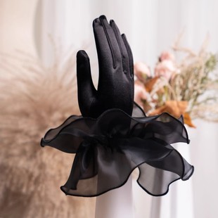 Evening Gloves Black Satin Gloves Ruffled Elastic Wedding Dress Dinner Accessories Elegant Hepburn Winter