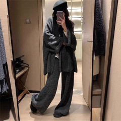 韩系穿搭松弛感毛衣套装女秋冬季新款慵懒风针织开衫阔腿裤两件套