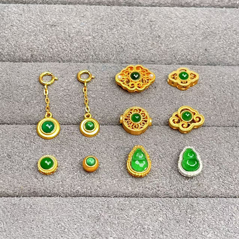 s925 シルバーゴールドメッキ陽緑翡翠象嵌ビーズアクセサリーブレスレットネックレス diy アクセサリー翡翠ラウンドビーンポジショニングビーズ|undefined