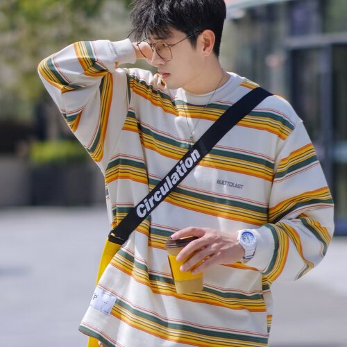 Men's Long-Sleeve Round Neck Hoodie with Spring and Autumn Stripes, Loose and Versatile, Ins Hong Kong Style, Korean Version Fashion T-Shirt Top for Casual Wear
