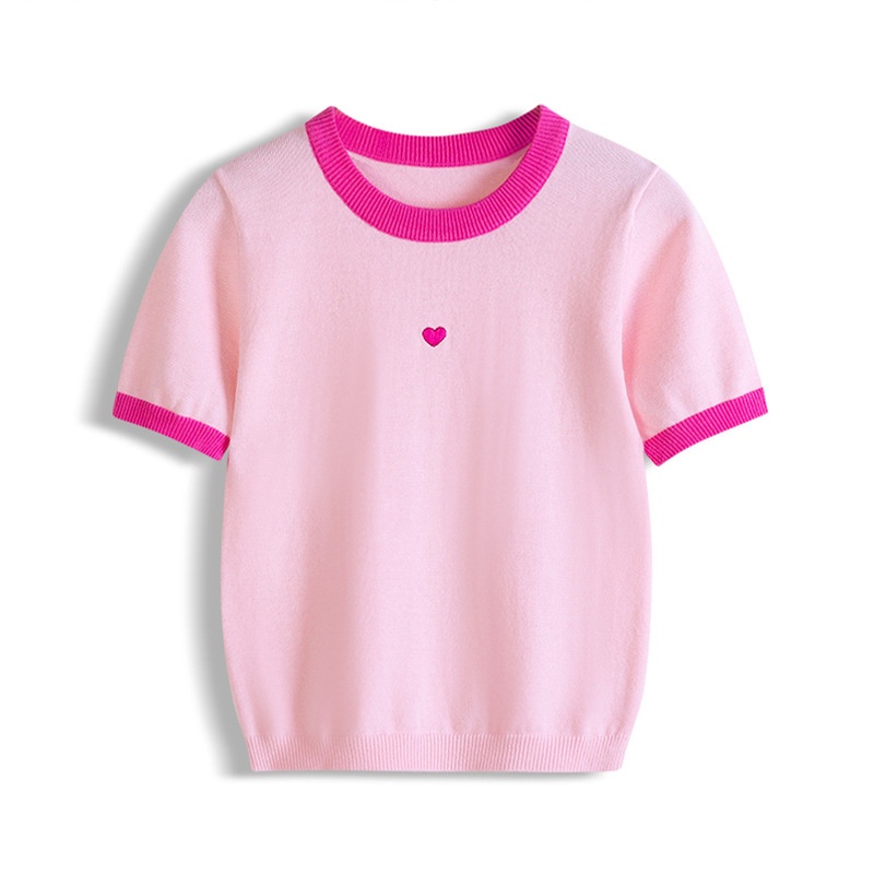 2025 nuevo estilo de algodón de clase A, bordado de amor para niños, camiseta para niñas, ropa para niños, suéter de manga corta, cabello fino de una pieza en verano