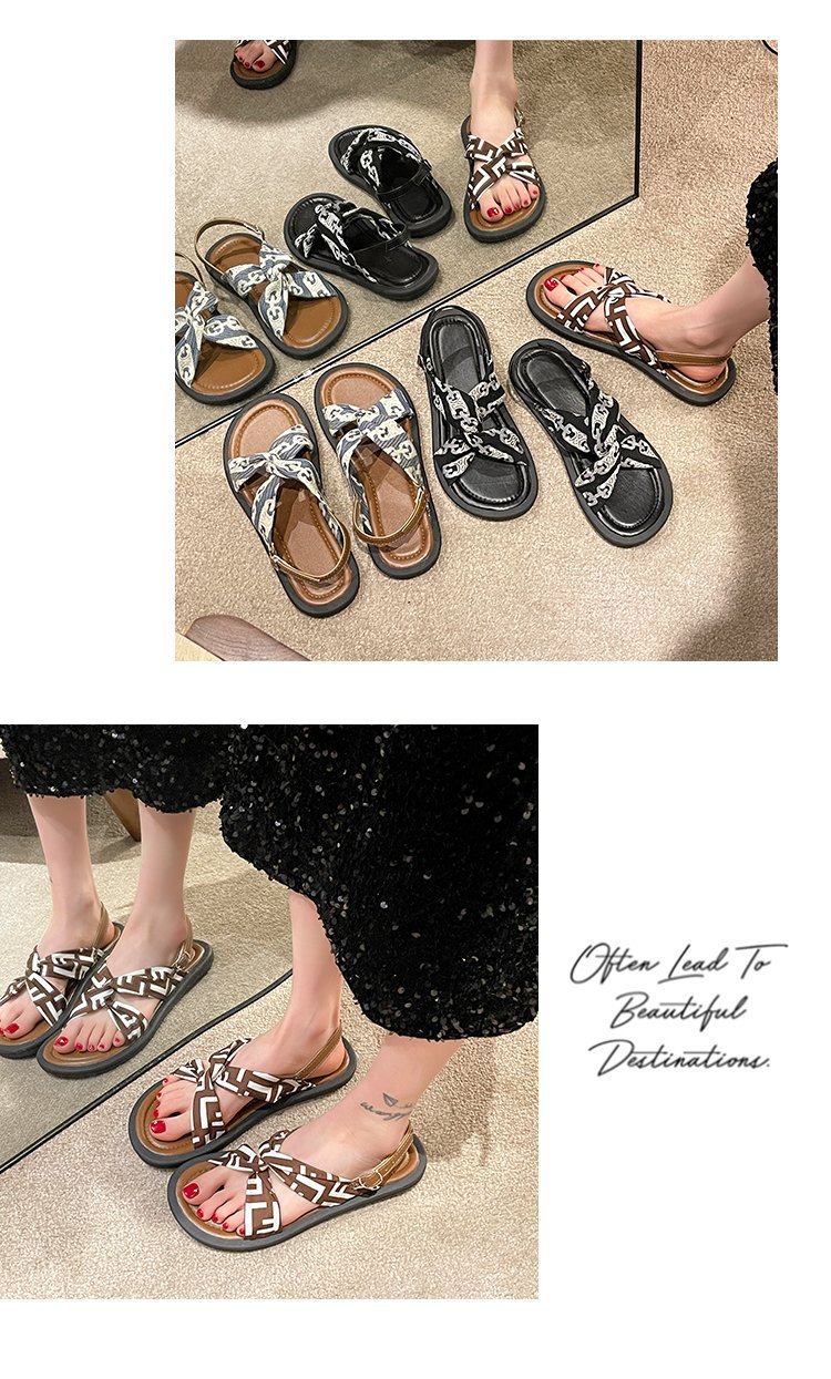 Zomer nieuwe letterstof modieuze en comfortabele zachte zool geurige wind platte gesp sandalen_voghion.com