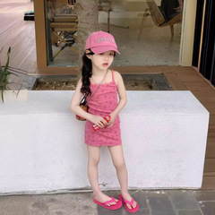 女童吊帶裙2024夏季新款韓版小熊印花中長裙無袖款可愛百搭連衣裙