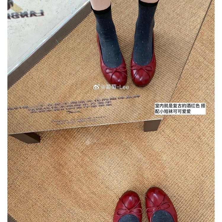 葡萄妈同款现货~经典bi入！油蜡感马皮小圆头蝴蝶结浅口单鞋女|undefined