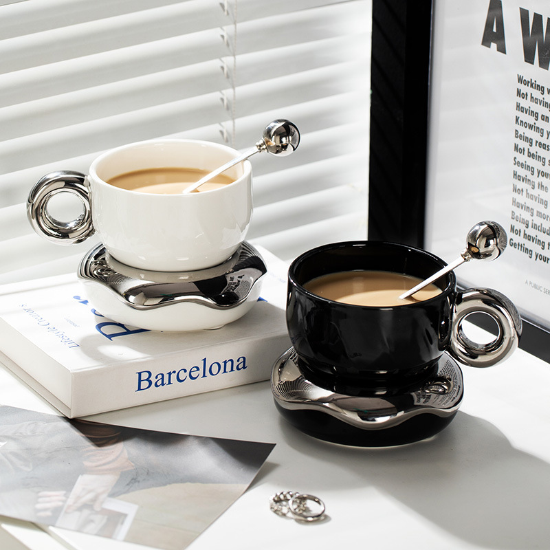 Coffee cup, plate, donut, silver-plated, high-end creative, trendy, personalized, luxury, modern, elegant, for women