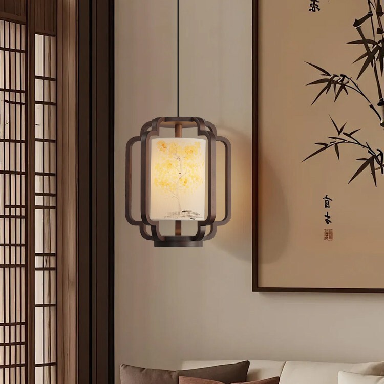 New Chinese-Style Wooden Chandelier for Entrance Hall and Dining Room, with Hand-Painted Fabric Lampshade, Led Light Source, Classical Tea Room and Staircase Pendant Light