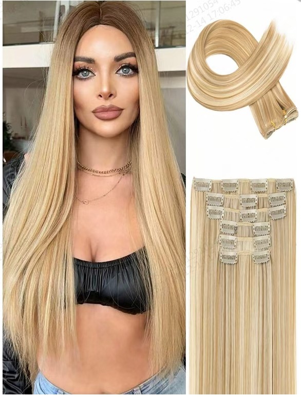 Piezas de 6 piezas para el cabello con tarjeta, piezas para cabello lacio europeo y americano, piezas para pelucas, piezas para cabello sin costuras, 24 "cabello de fibra química resistente al calor