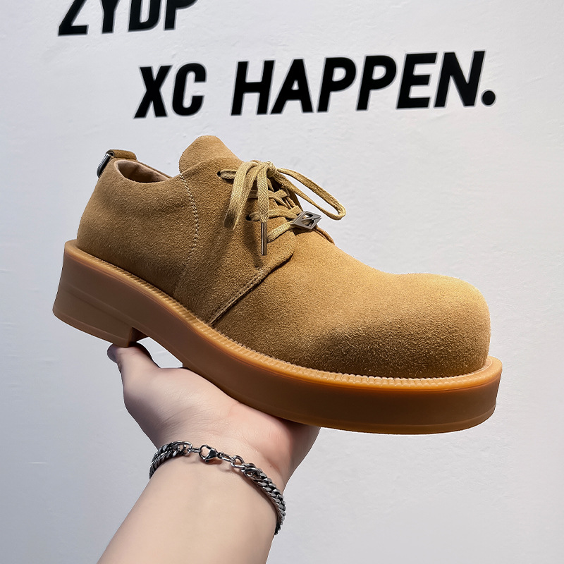 2024新款厚底巴黎大头皮鞋男德比鞋复古高街帅气黄色ins休闲皮鞋