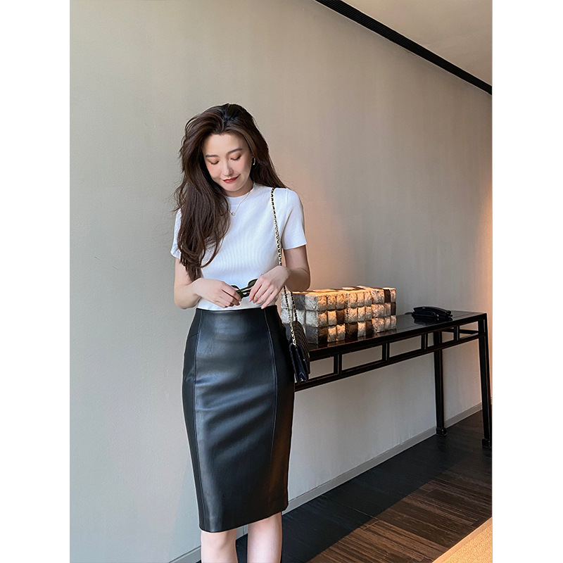 羊皮包臀裙 秋冬新款通勤简约后开叉中裙 高腰休闲半身裙真皮皮裙