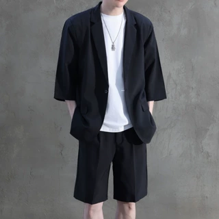 夏季薄款西服套装男休闲宽松轻熟风男装帅七分袖中袖小西装外套潮