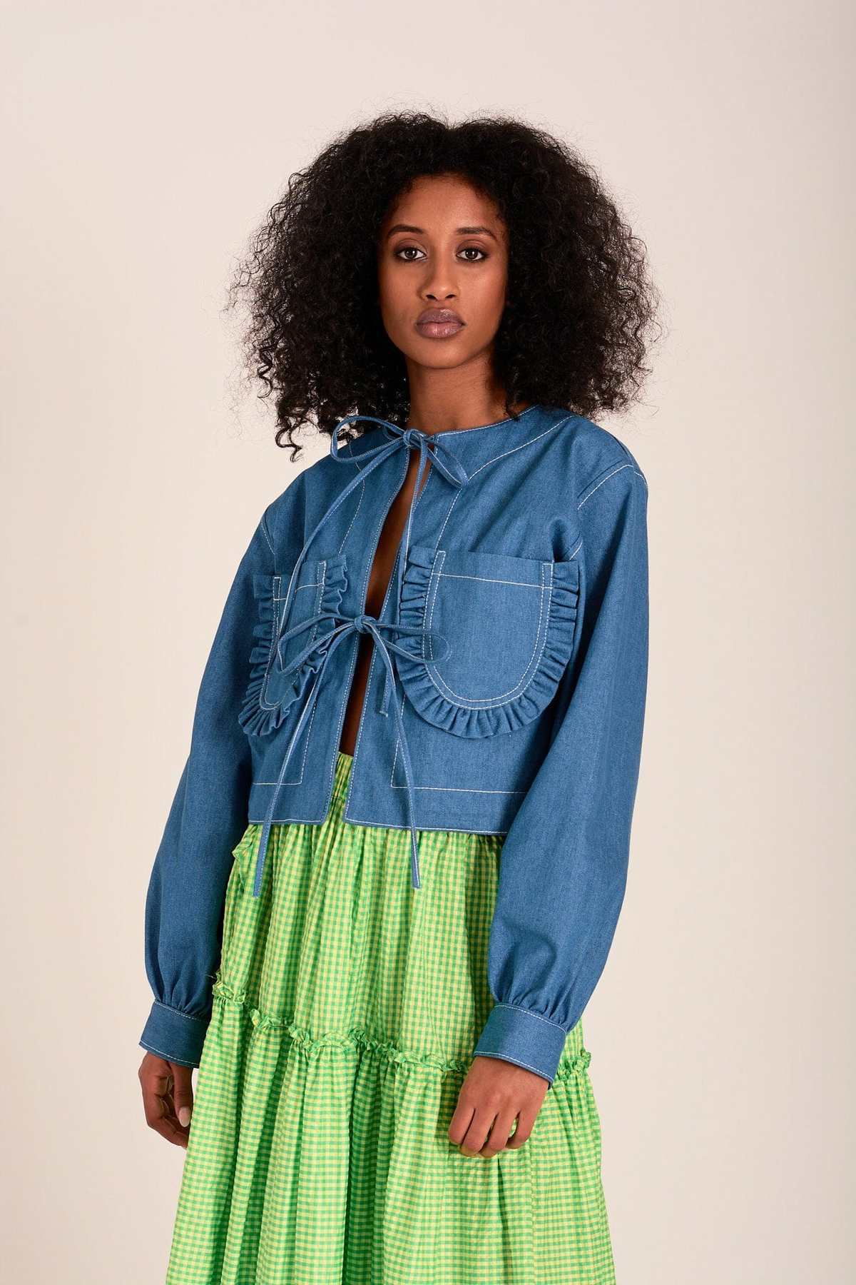 Round Neck Neckline Women's Streetwear Solid Color Tie Coat Denim Jacket