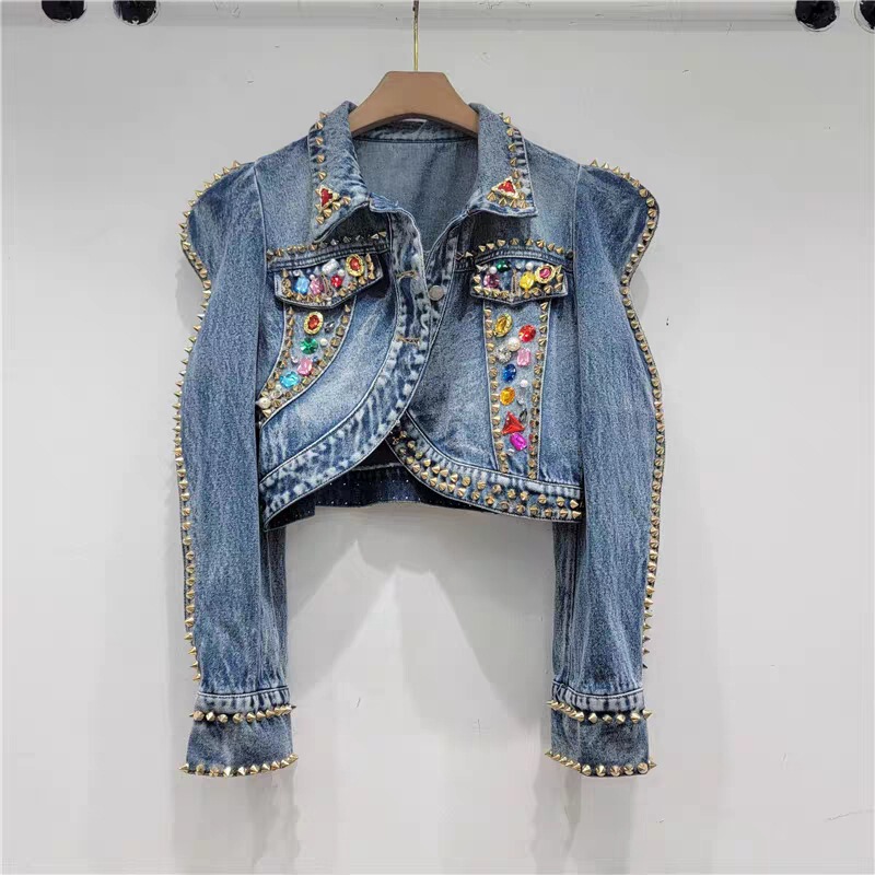 Online Red super popular slimming wavy puff sleeve Denim coat women's design sense heavy industry fashionable jacket denim jacket