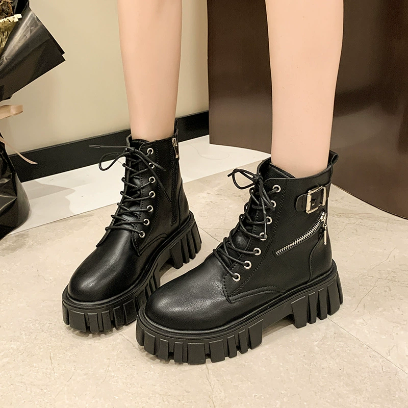 Толстая подошва толстая каблука сапоги Martin женский 2024 зимний новый английский стиль дикий ремень пряжка короткая сапоги Martin женский