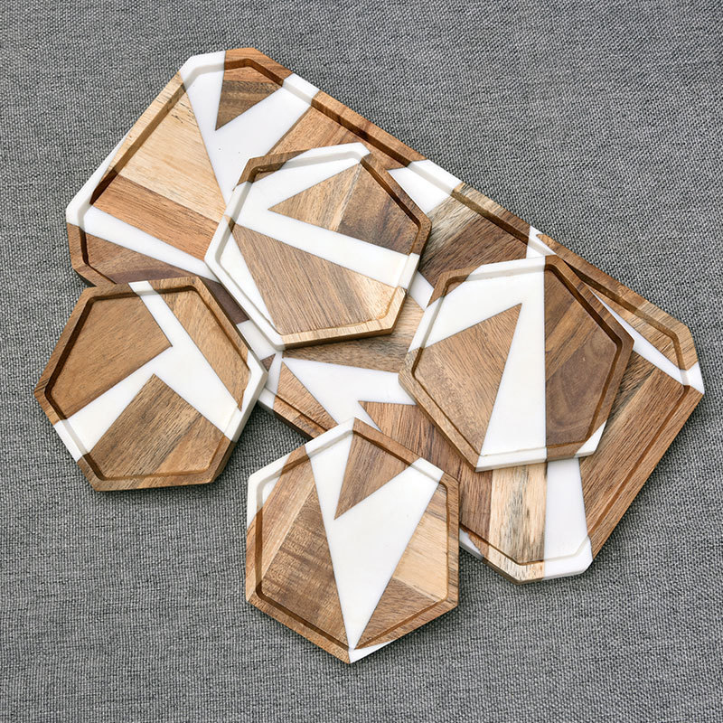 Acacia Wooden Tray Cake Plate suit with Coaster Wooden Resin Rectangular Tray Simple Home Creative Fruit