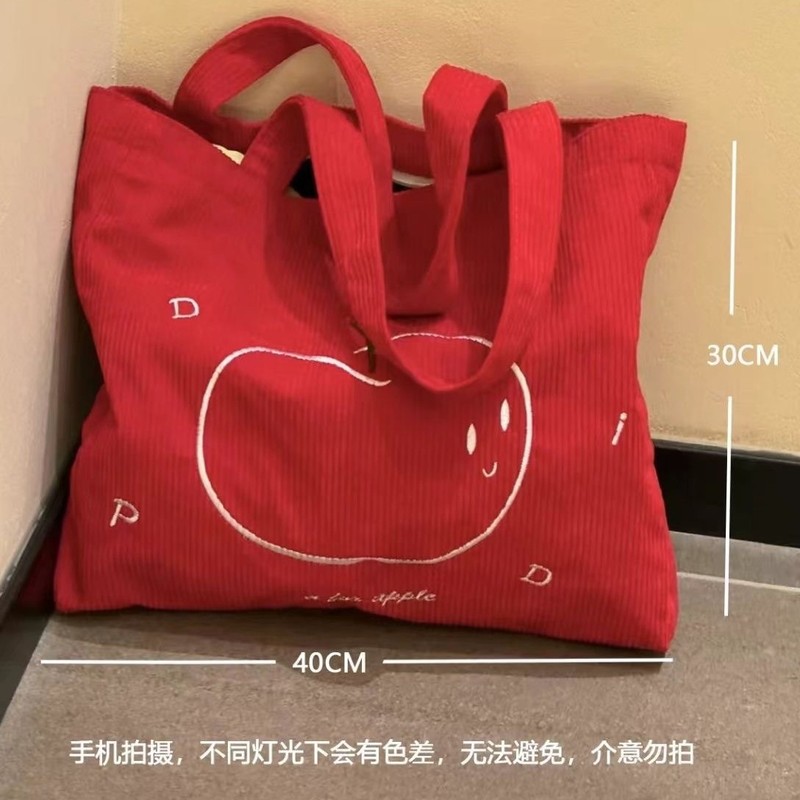 2025新款复古灯芯绒苹果刺绣复古百搭通勤单肩包大容量简约托特包|undefined