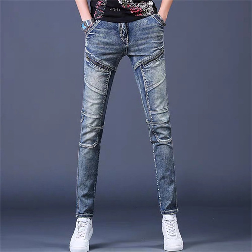 Men's Denim Jeans: Spring & Autumn Trendy, Versatile, Slim-Fit, Streetwear-Style Washed Vintage Trousers with Skinny Fit and Biker Details