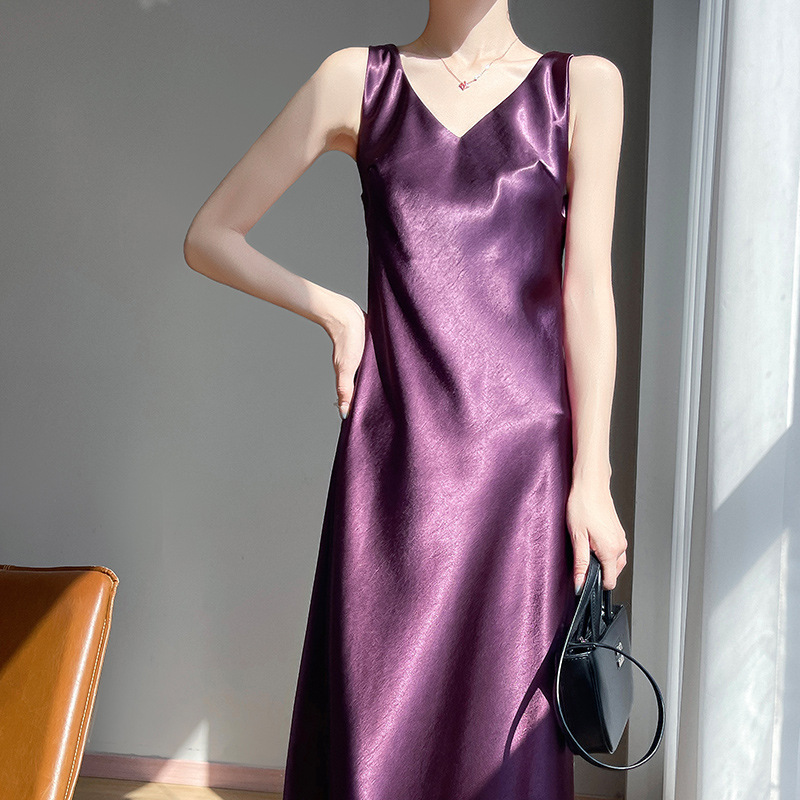 French-Style Sleeveless Tank Dress with V-Neck, Gold Satin Draped Base, Long Slip Dress for Women, Summer High-End Feel