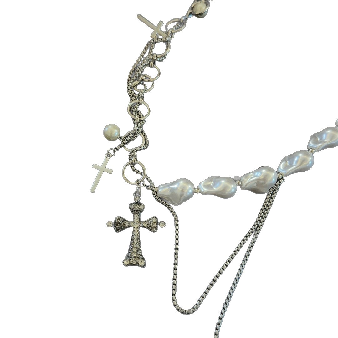 European And American Fashion Dia-Studded Cross Tassel Waist Sweet Cool Heavy Craft Irregular Pearl Chain Splicing Belt_voghion.com