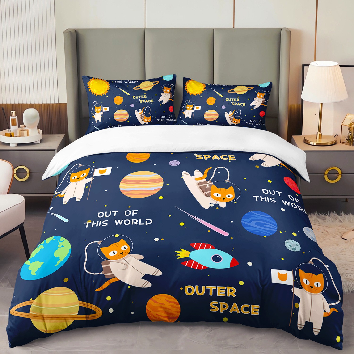 Cartoon Astronaut Digital Printed Edredon Kit Textile Transpirable Transfronterizo Fuente TEMU / JIT