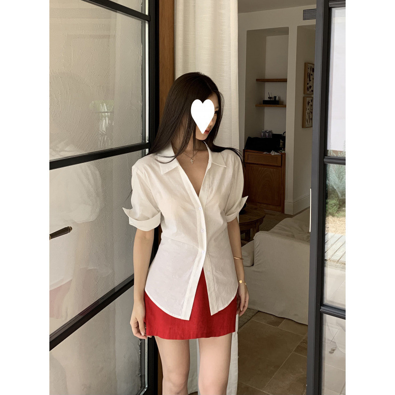 Cotton and Linen White Shirt for Women, 2026 Summer French Style, Elegant and Beautiful Short-Sleeve Top, Very Attractive Shirt