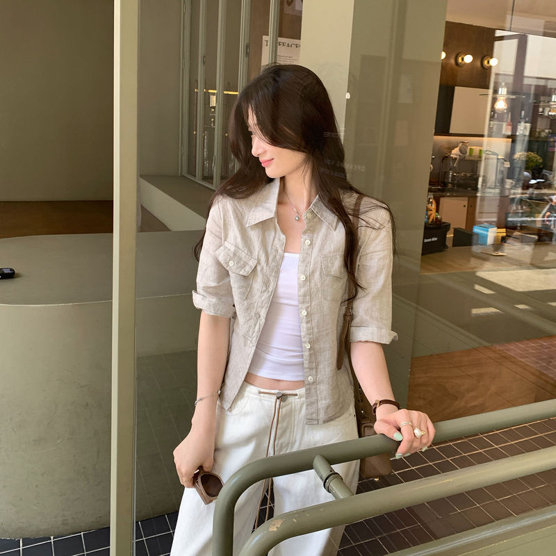 法式高级感系带收腰亚麻中袖衬衫女夏2025新款洋气独特别致小上衣|undefined