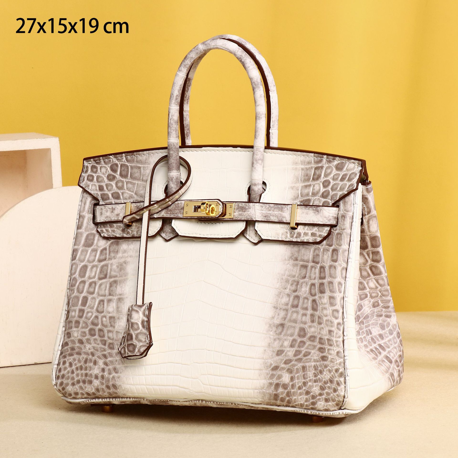 Túi xách tay nữ da PU cao cấp họa tiết vảy cá sấu phong cách Hermes Birkin 25 cm — Trắng Himalaya