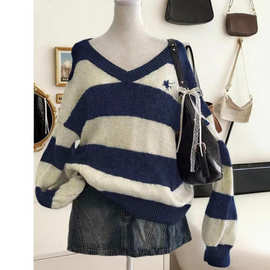跨境速卖通学院风V领条纹针织衫女藏青撞色宽松显瘦灯笼袖毛衣