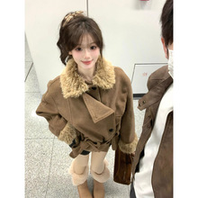 美拉德韩系高级感咖色毛绒拼接加厚外套女秋冬季百搭显瘦毛呢大衣