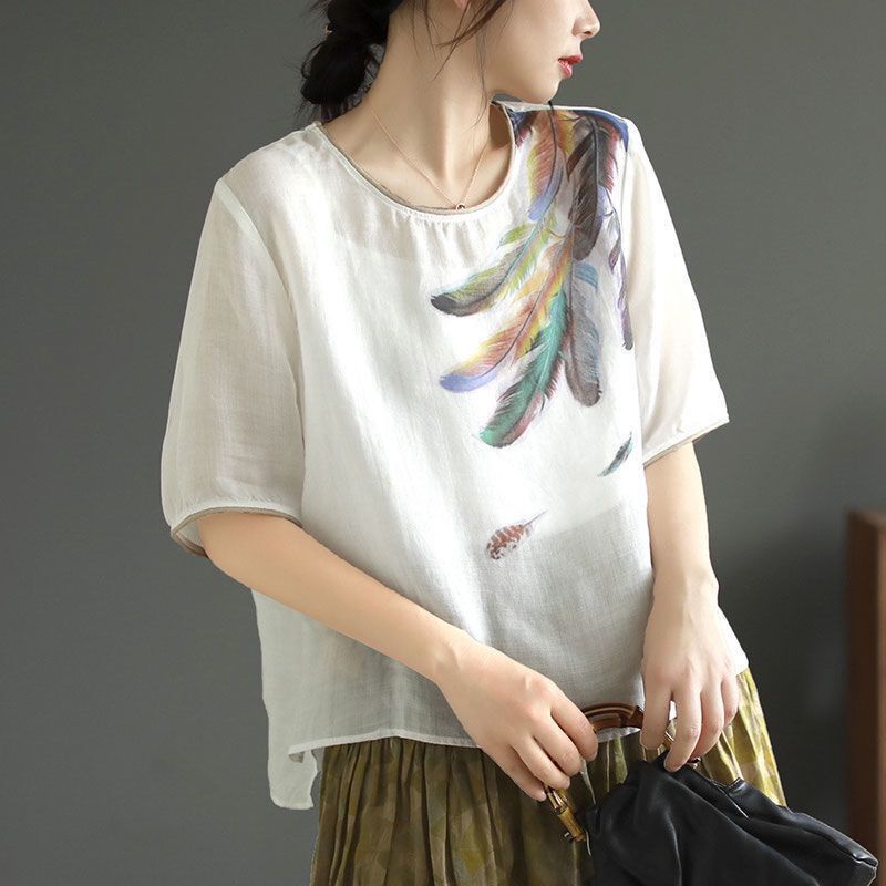 Cotton and Linen Summer Retro Literary Print Loose and Elegant Loose Slimming Thin Shirt Women's Top