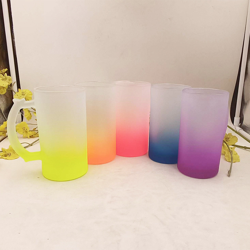 16oz磨砂玻璃彩底杯 涂层杯子 印图 印LOGO热转印广告杯 马克杯