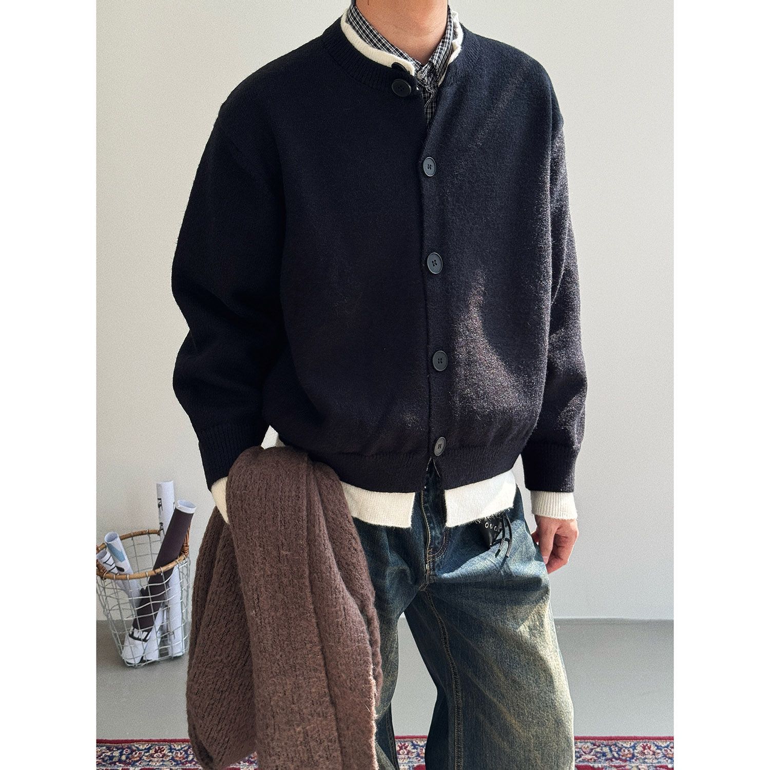 American College Two Pieces Cardigan Suéter Hombre Otoño Invierno Nuevo LazyCleanfit Color Contraste Camiseta