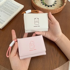 韓国の熊のプリントの財布ins女性の多機能のかわいい学生の収納カードのカバンの3つ折の掛け縄の越境の財布