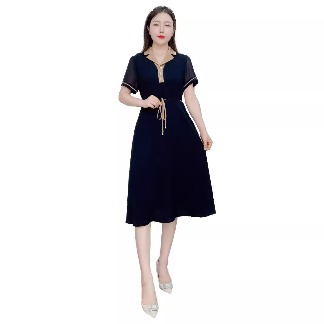 2024年汉派女装专柜品牌夏季新款纯色V领修身带腰绳长款连衣裙