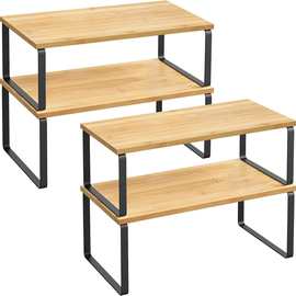 跨境竹制铁艺置物架厨房调味品杂物收纳整理架两层木质储物收纳架