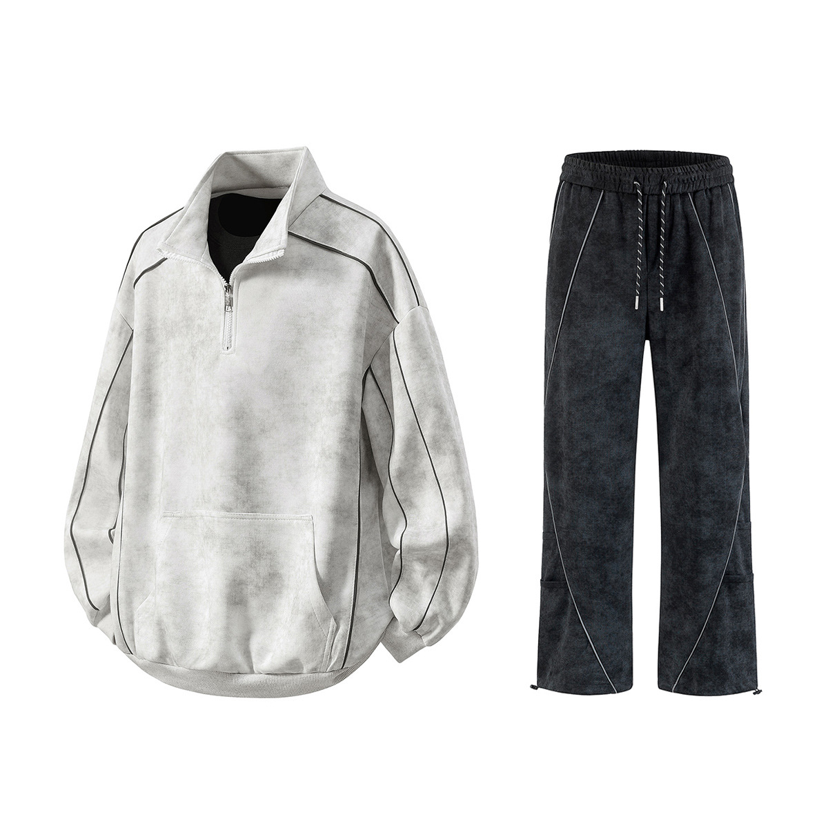 美式半拉链扎染运动套装男秋季潮牌痞帅纯棉反光条休闲大码两件套