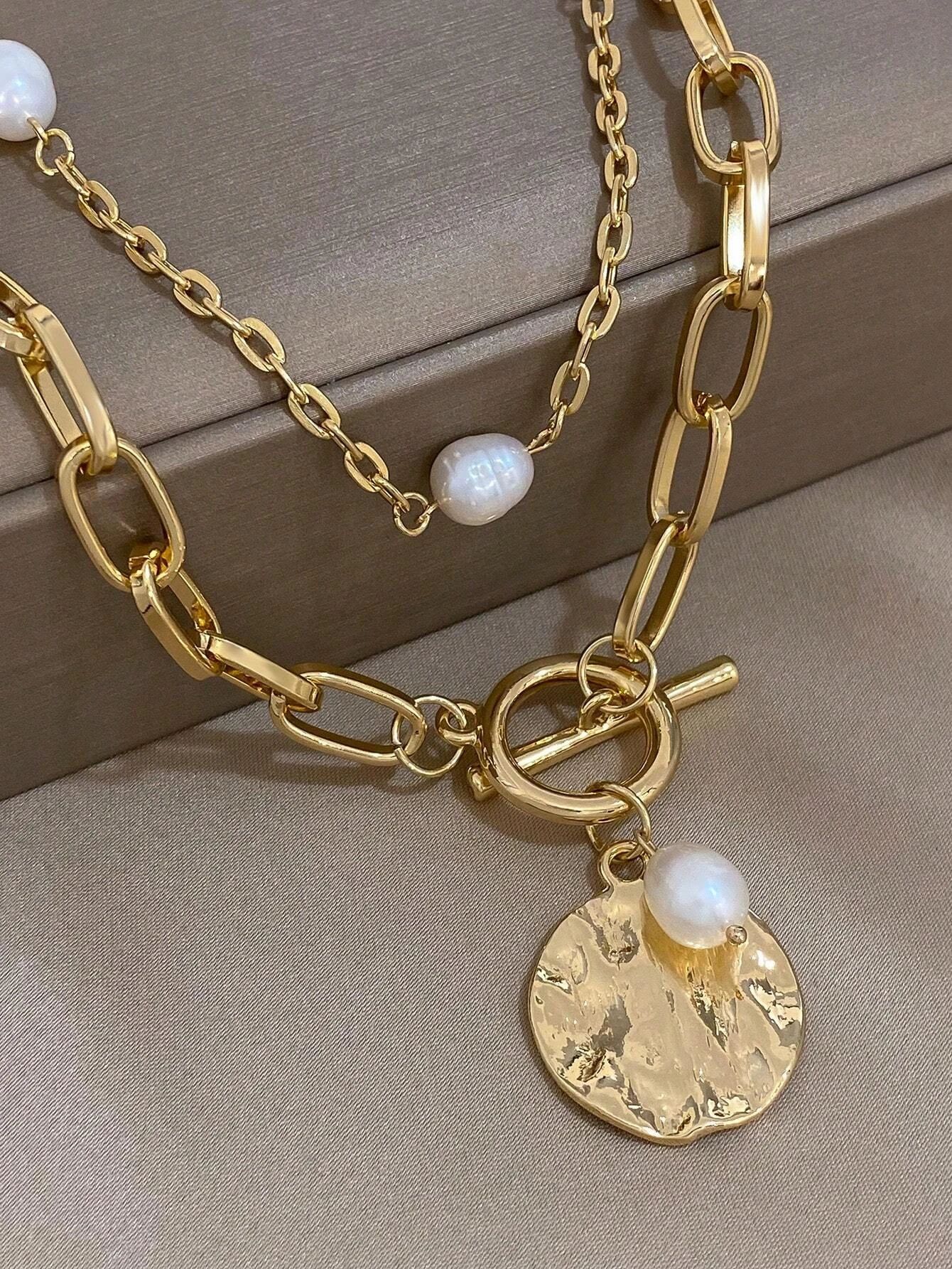 Alloy Material Retro Irregular Geometric Pearl Alloy Pendant Necklaces Wholesale