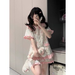かわいいウサギの子供の襟のパジャマの女性の夏の新型の半袖の柔らかい妹の甘い学生のスーツの部屋の服は外で着ることができます。