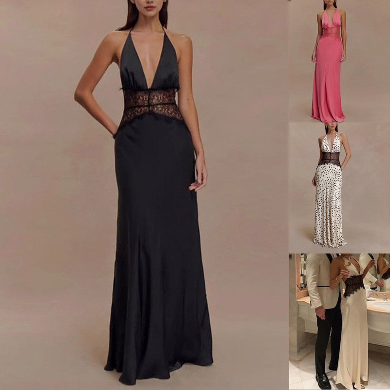 European and American 2025 Summer Elegant Deep V Silk Soft Satin Long Dress Stitching Neck Waisted Sexy dress