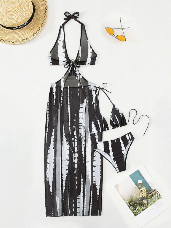 Halter Neck Neckline Women's Elegant Basic Printing 3 Pieces Set Bikinis Swimwear