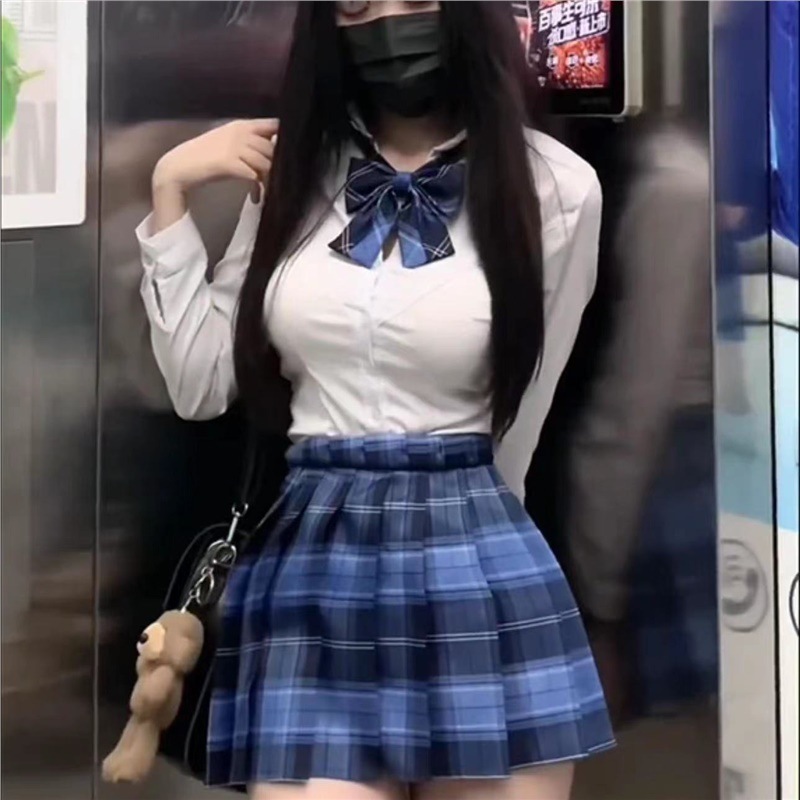 Japanese-style school uniform JK uniform autumn sweet and spicy waist-cinching shirt slimming long-sleeved shirt new Okashida skirt set