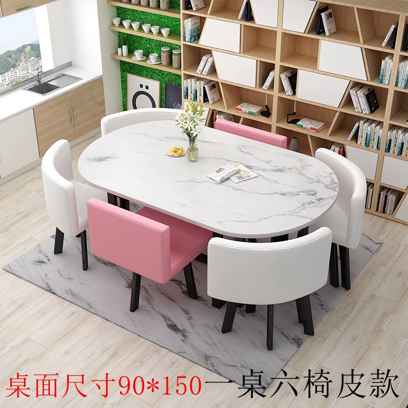 150*90 mesa de escritorio con patrón de piedra de imitación 0 cuero blanco rosa una mesa seis sillas