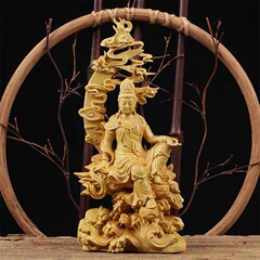 黄楊木彫水月観音菩薩の置物実木観音仏像は彫刻工芸品を供えて文を遊んで収集します。