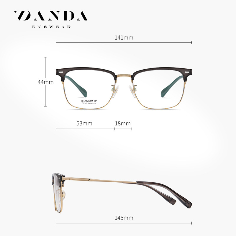 El nuevo marco de gafas de titanio puro con lazo de cejas TR F51112 para hombres casuales con montura cuadrada se puede equipar con espejo plano de miopía