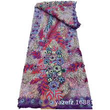 新款绣花高档复古亮片连衣裙礼服装面料酒红色蕾丝彩色珠婚纱布料